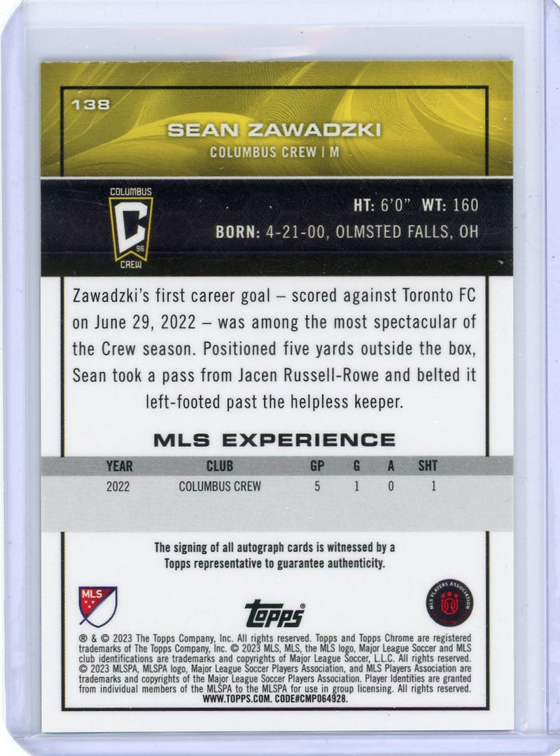 Sean Zawadzki 2023 Topps Chrome MLS gold refractor autograph rookie card 