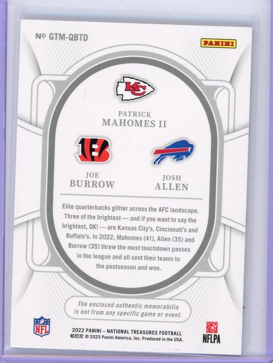 P. Mahomes/J. Burrow/J. Allen 2022 Panini National Treasures Gear Trio Materials #'d 57/99