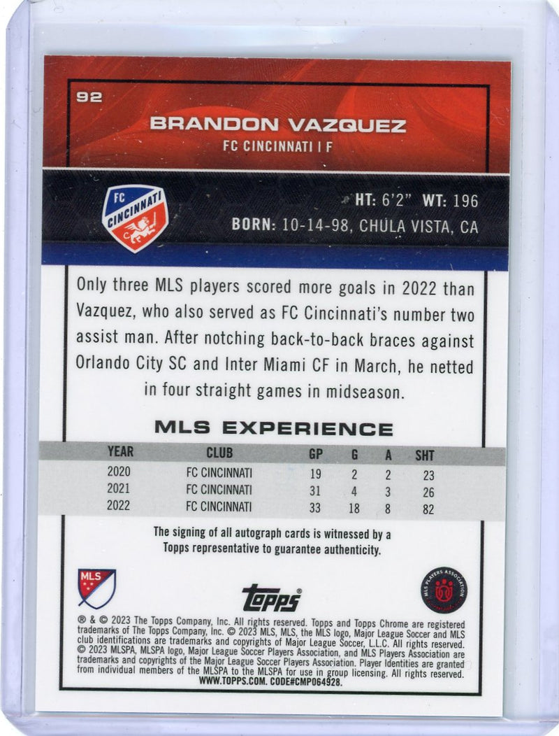 Brandon Vazquez 2023 Topps Chrome MLS neon green refractor autograph 