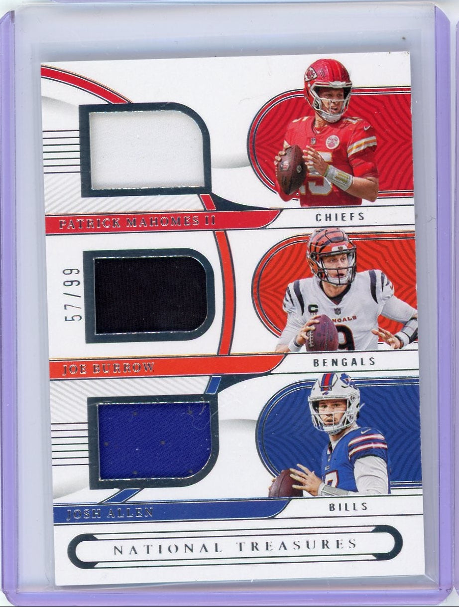 P. Mahomes/J. Burrow/J. Allen 2022 Panini National Treasures Gear Trio Materials #'d 57/99