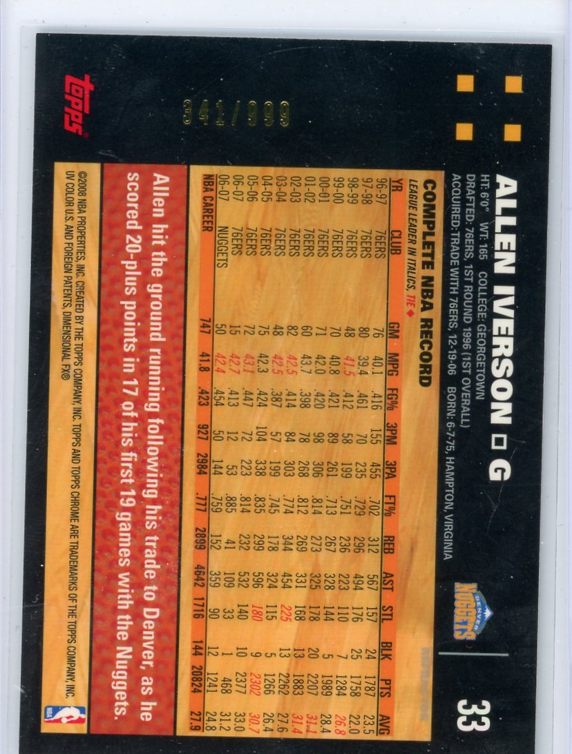 Allen Iverson 2007-08 Topps Chrome Refractor #'d 341/999