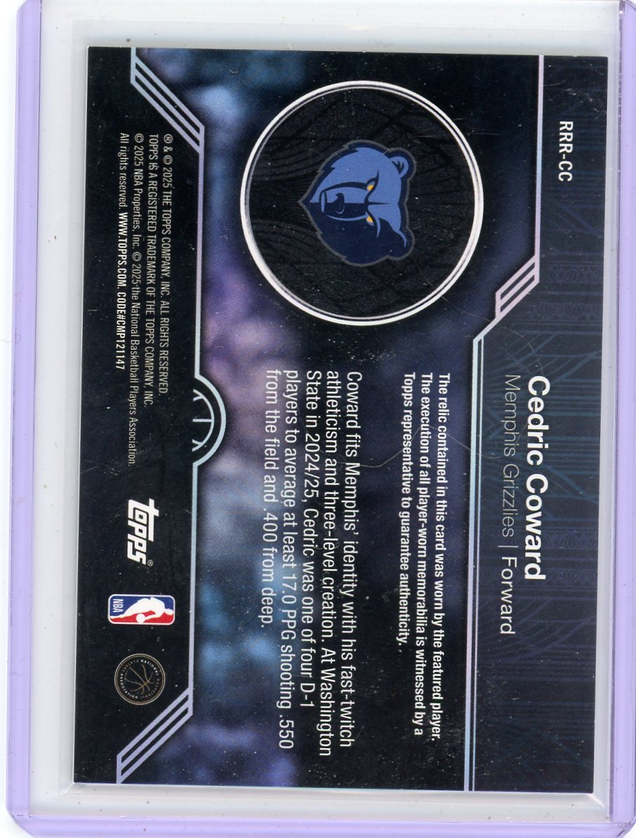 Cedric Coward 2025-26 Topps Rookie Roundball Remnants Jersey Patch Green Rainbow #'d 51/99