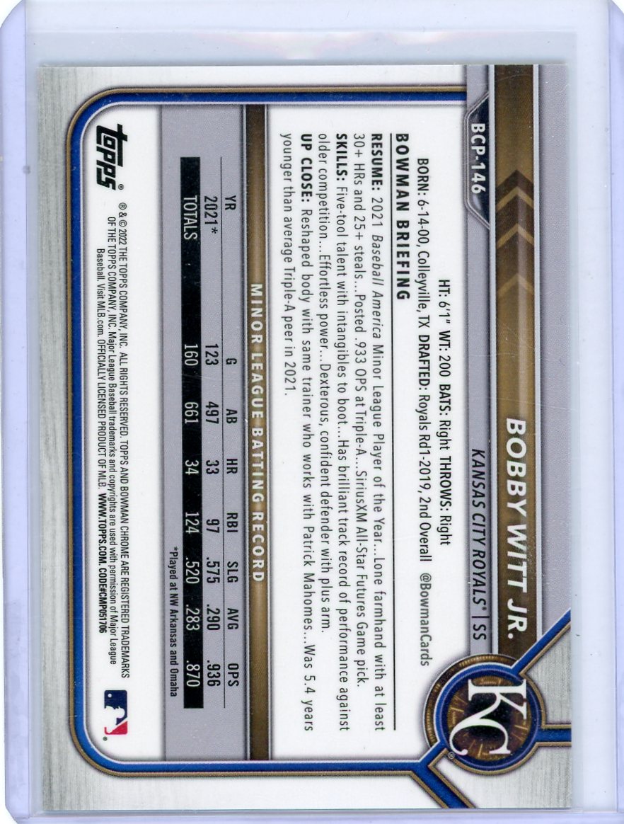 Bobby Witt Jr. 2022 Bowman Chrome yellow mini diamond ref. #'d 05/75