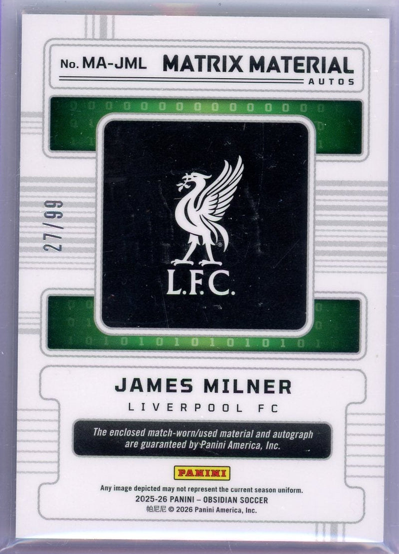 James Milner 2025-26 Panini Obsidian Matrix Material patch autograph #'d 27/99