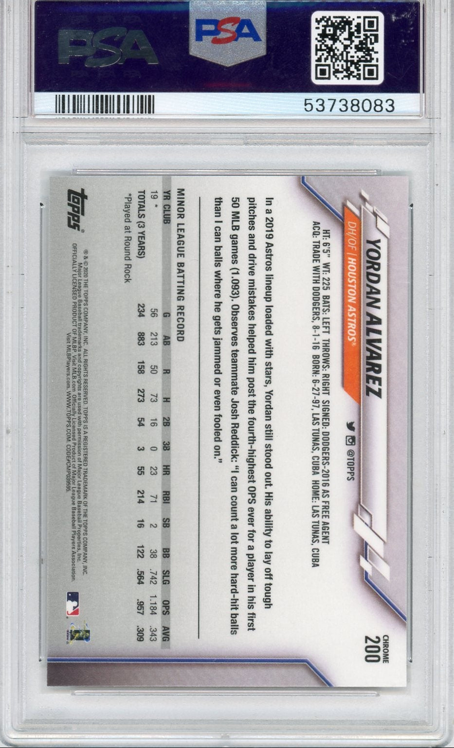 Yordan Alvarez 2020 Topps Chrome RC #200 PSA 10