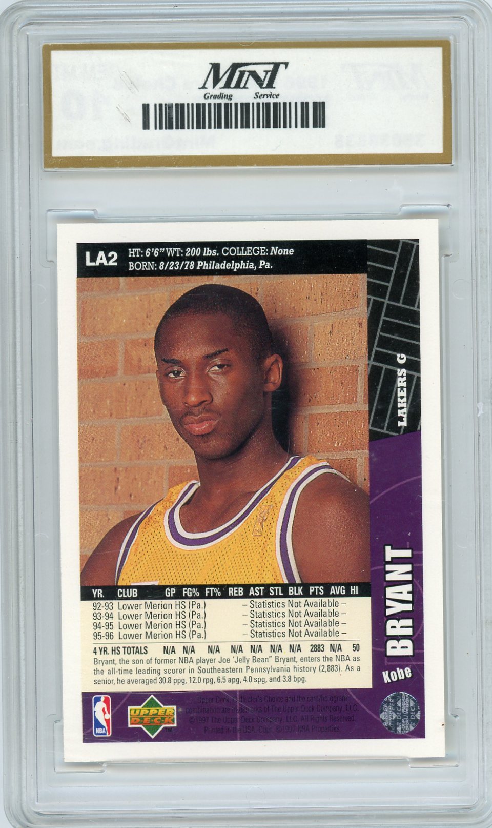 Kobe Bryant 1996 Collectors Choice Lakers Team Set Rookie Card MGS 10