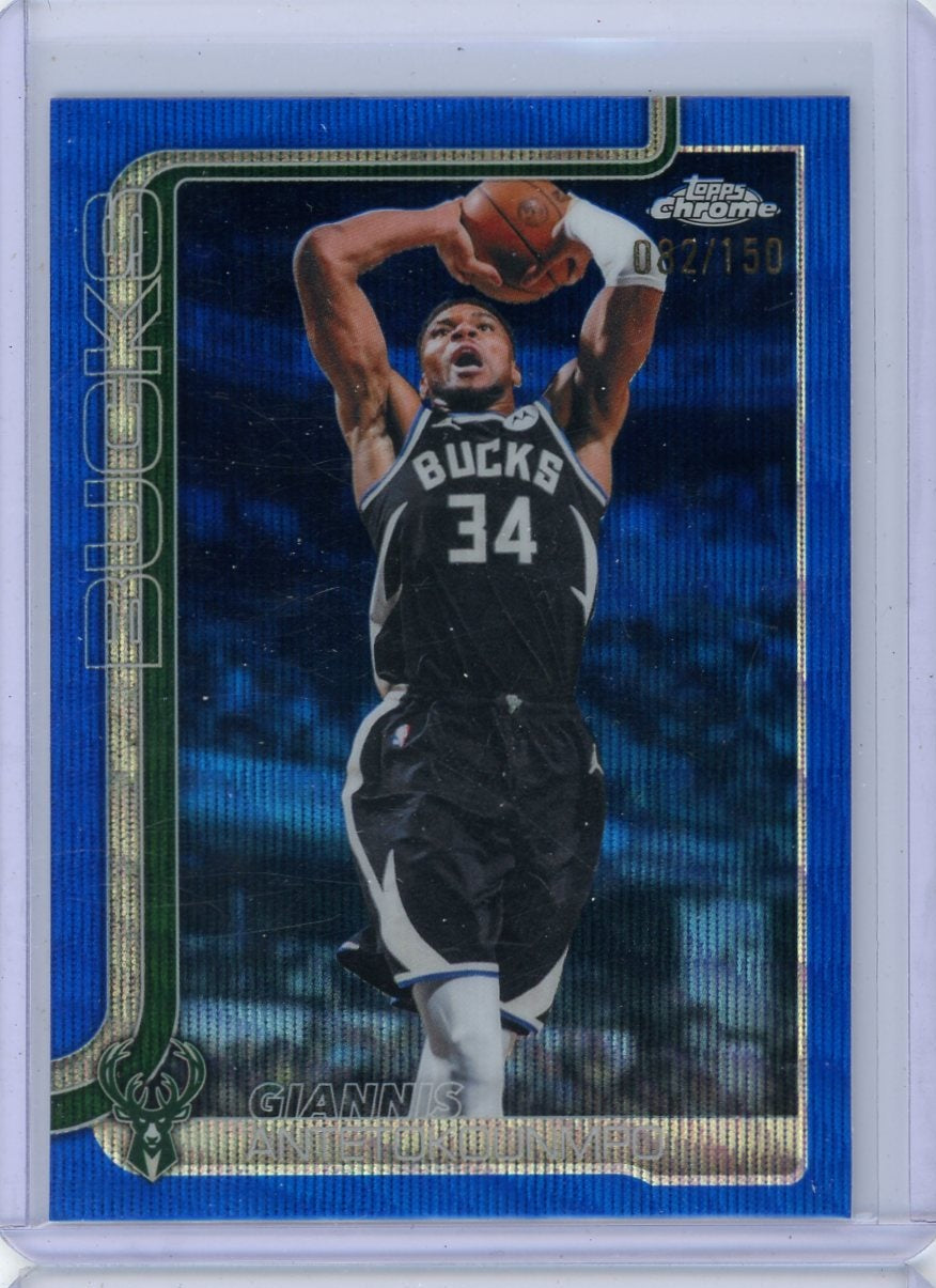 Giannis Antetokounmpo 2025-26 Topps Chrome Update blue wave ref. #'d 082/150