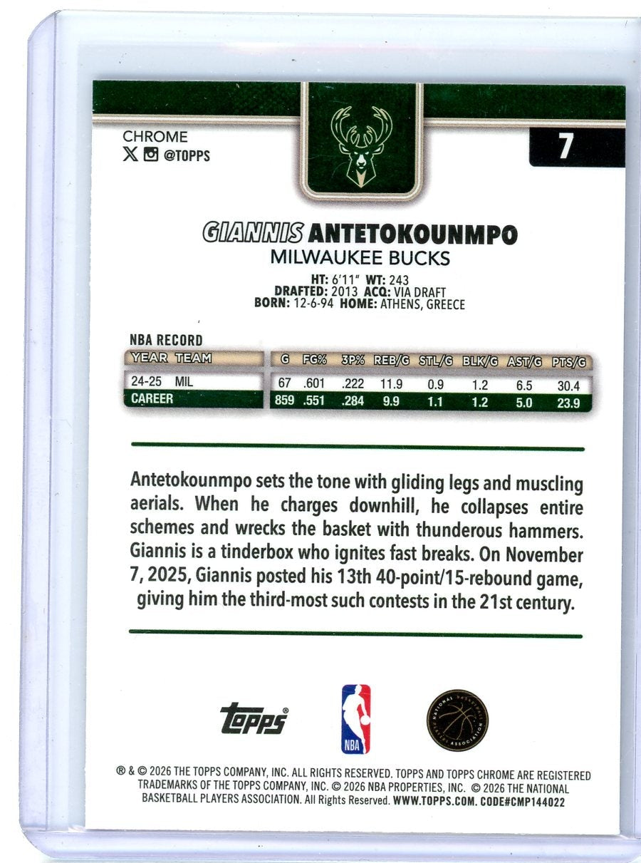 Giannis Antetokounmpo 2025-26 Topps Chrome Update blue wave ref. #'d 082/150