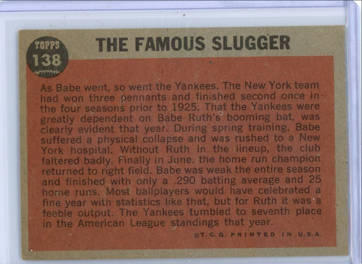 Babe Ruth 1962 Topps Baseball The Famous Slugger