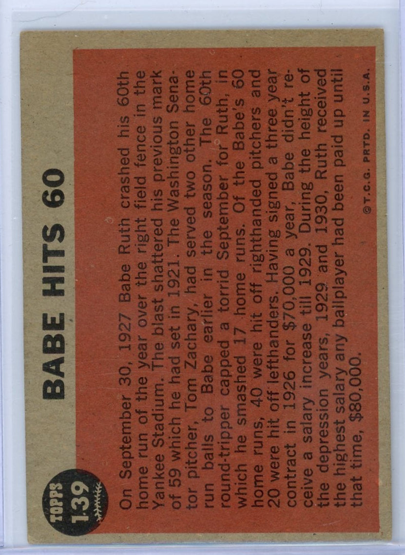 Babe Ruth 1962 Topps Baseball Babe Hits 60