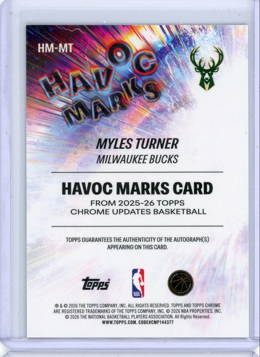 Myles Turner 2025-26 Topps Chrome Update Havoc Marks autograph blue ref. #'d 009/150