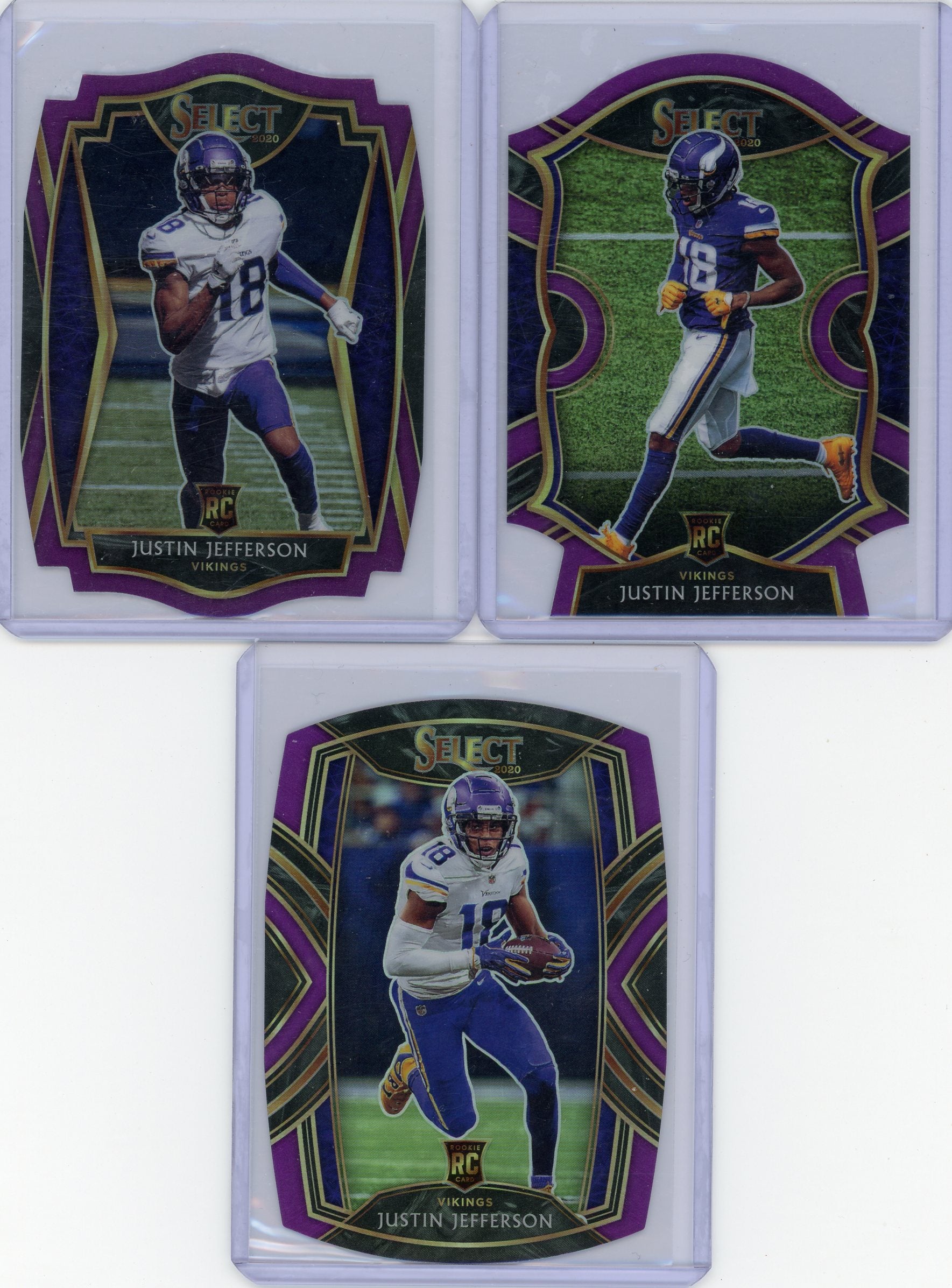 Justin Jefferson 2020 Panini Select die-cut purple prizm 3-card lot (Concourse, Premier, Club)