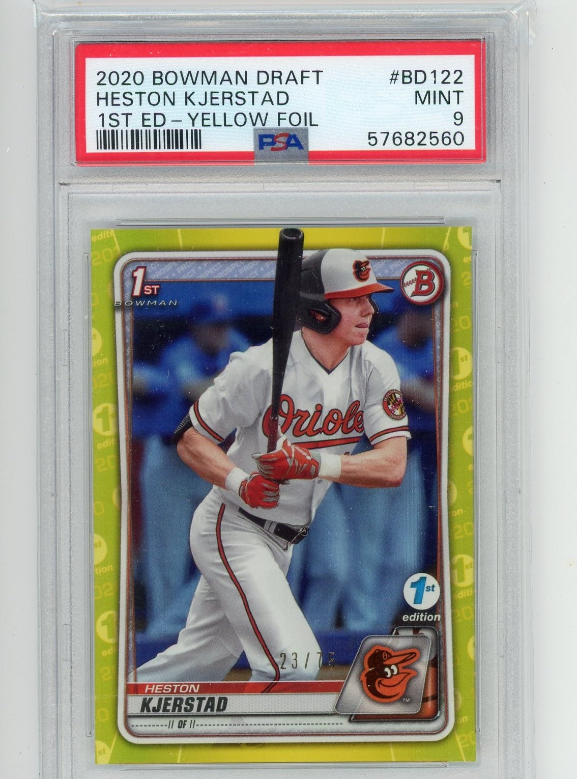Heston Kjerstad 2020 1st Bowman Draft 1st Ed. yellow foil #'d 23/75 PSA 9