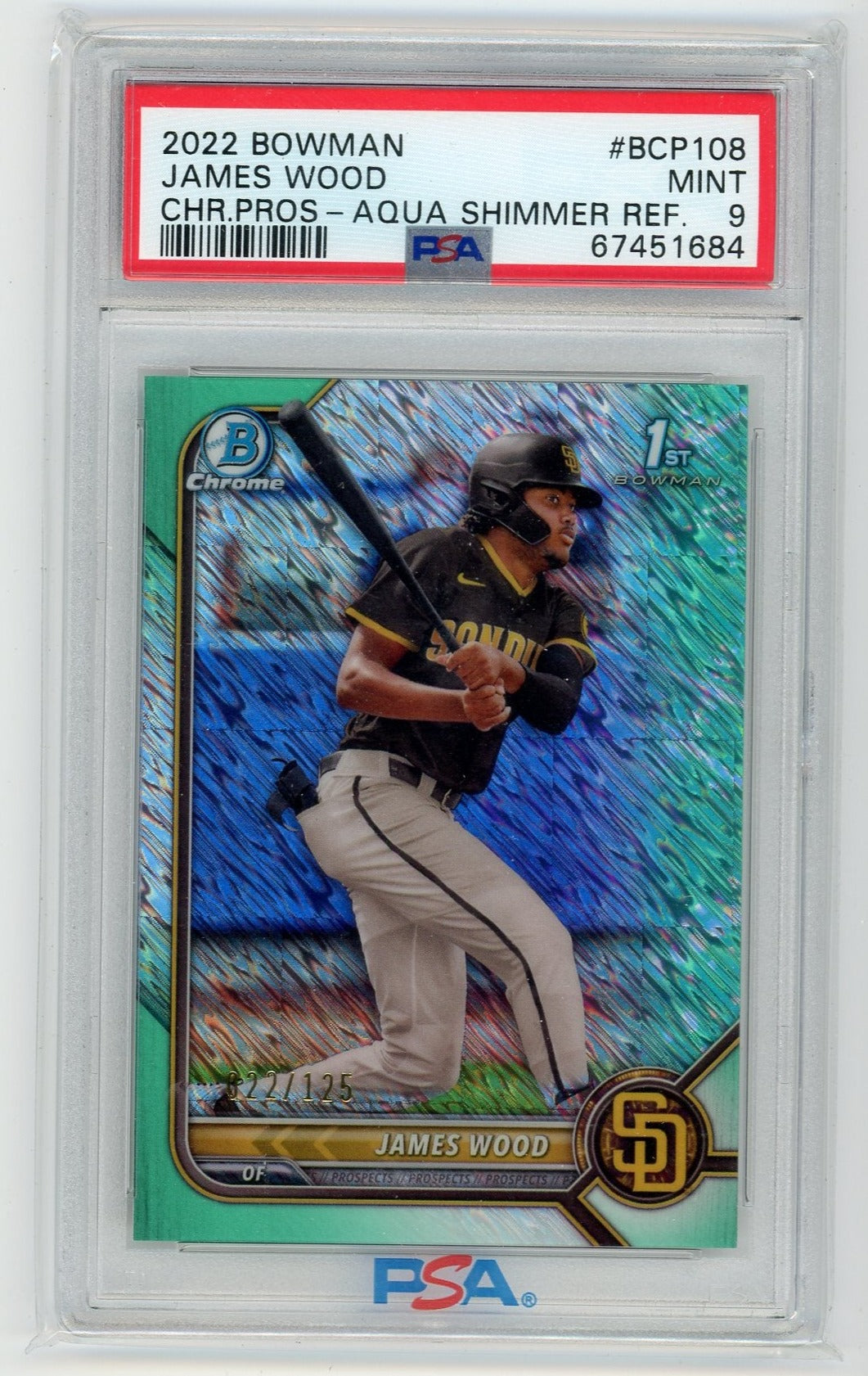 James Wood 2022 1st Bowman Chrome aqua shimmer #'d 022/125 PSA 9