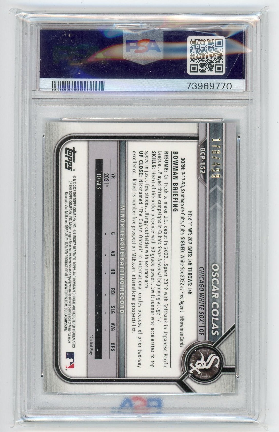 Oscar Colas 2022 1st Bowman Chrome refractor #'d 178/499 PSA 9
