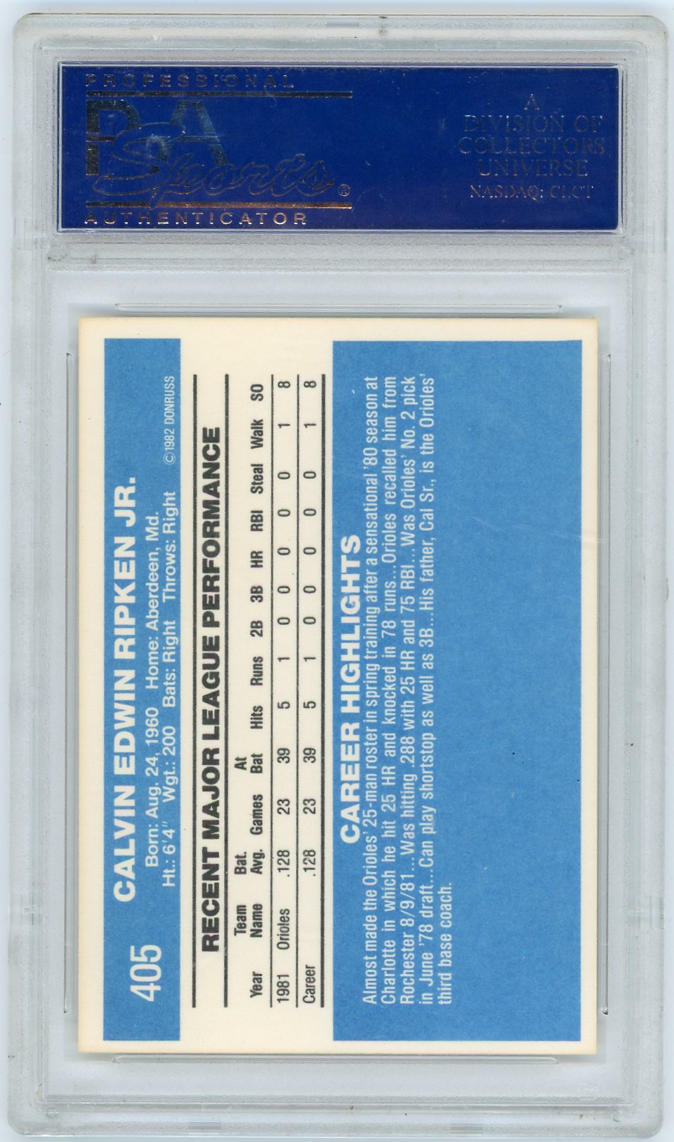 Cal Ripken Jr. 1982 Donruss #405 PSA 9(OC)