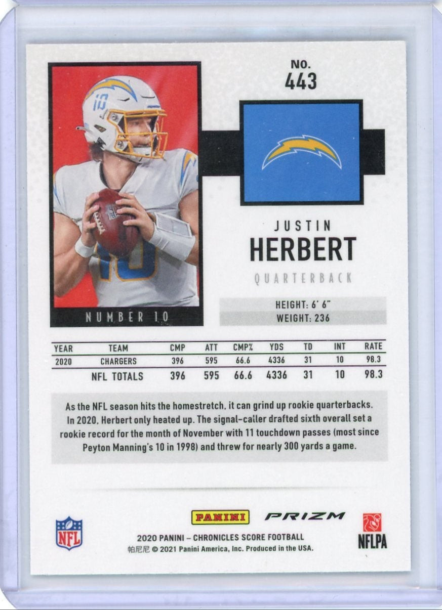 Justin Herbert 2020 Panini Chronicles Score silver prizm rookie card