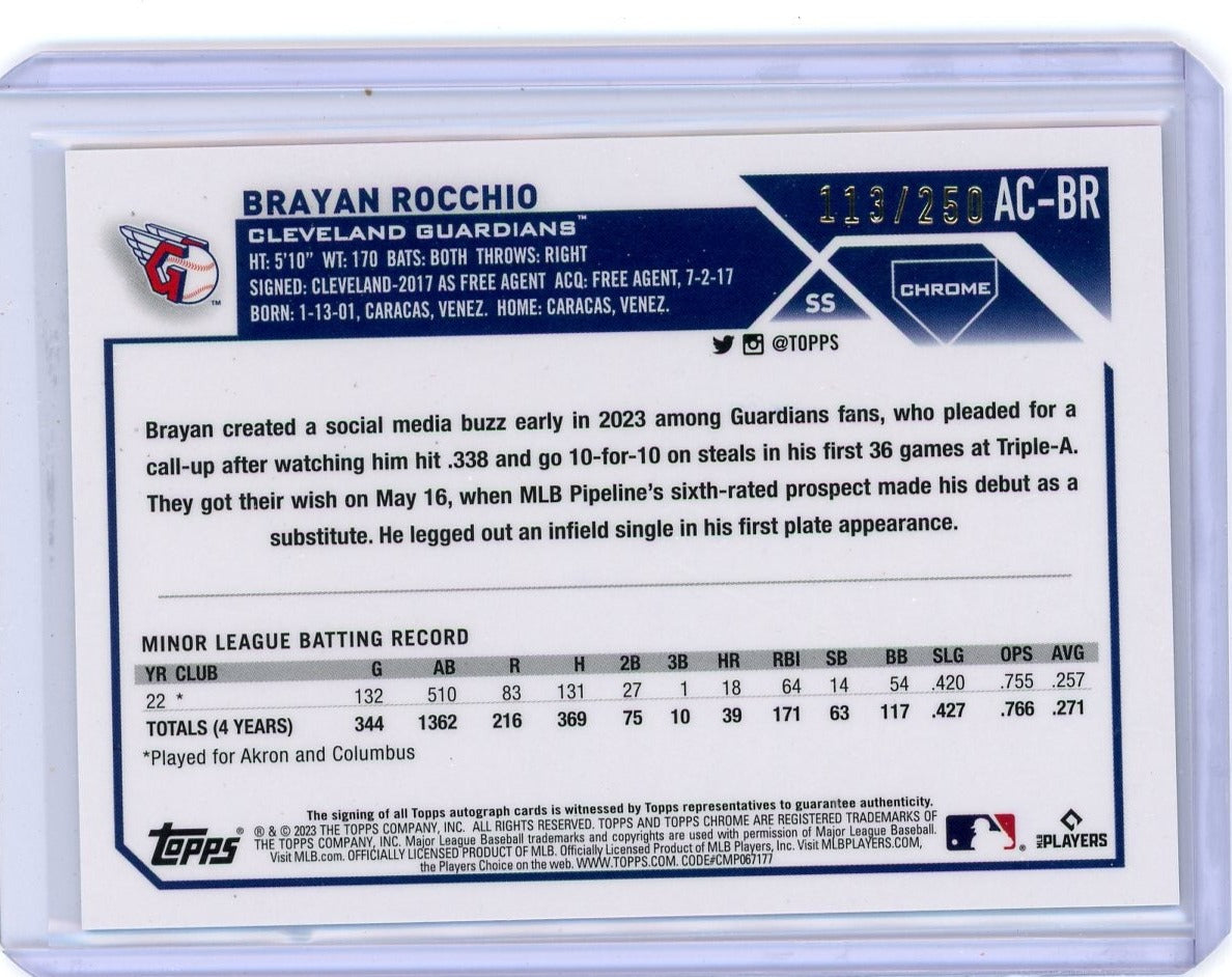 Brayan Rocchio 2023 Topps Chrome purple refractor autograph #'d 113/250