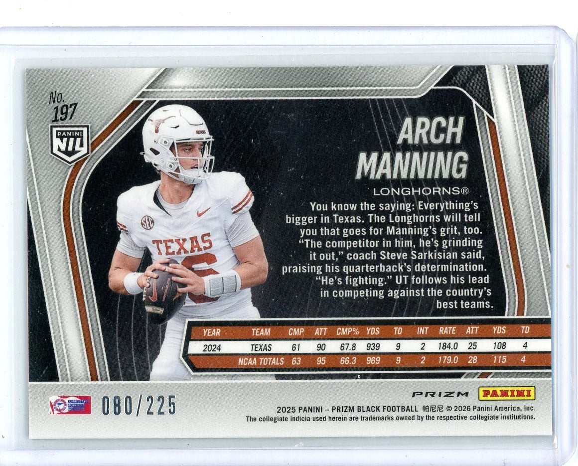 Arch Manning 2025 Panini Prizm Black Football Pigskin Refractor #'d 080/225