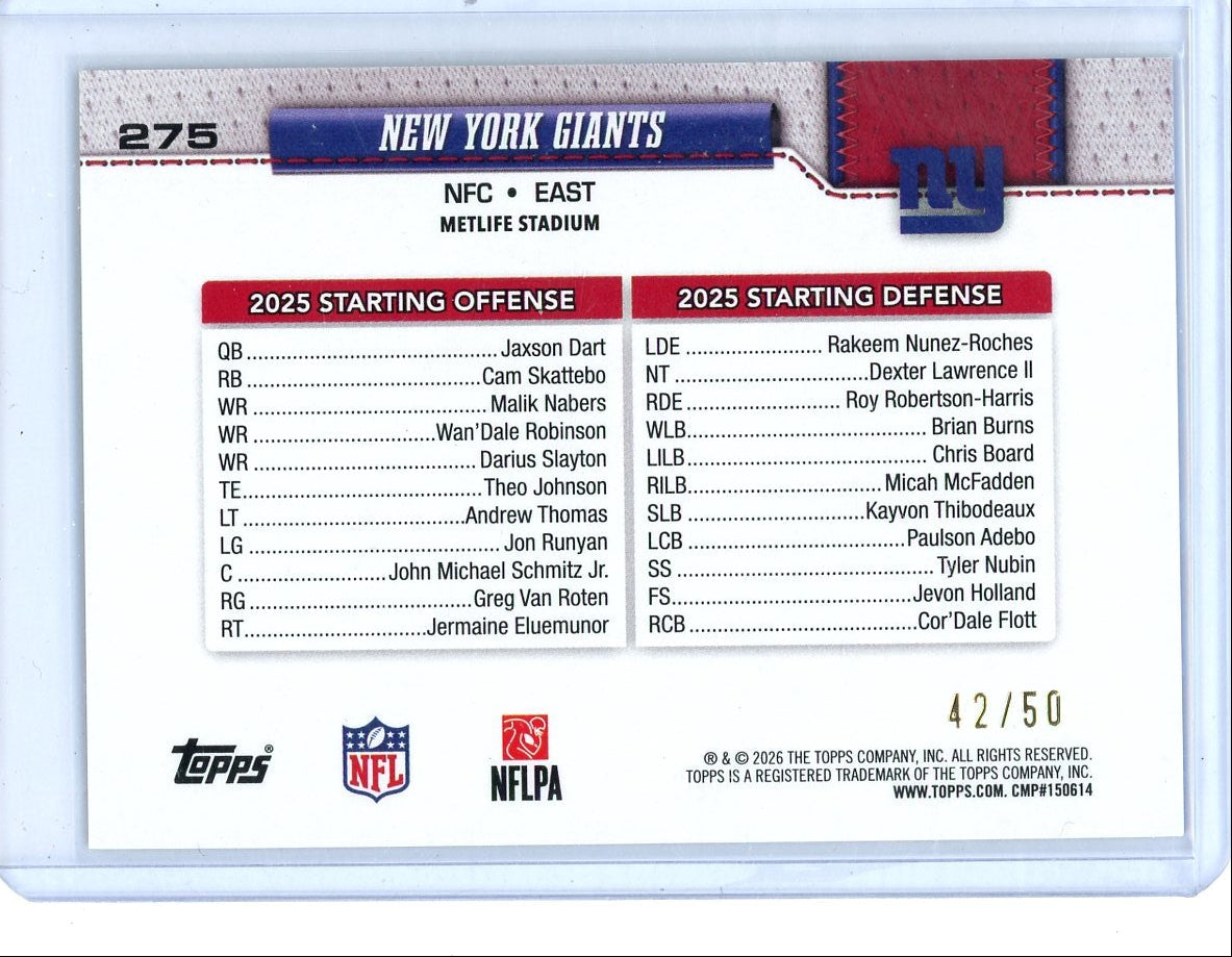 New York Giants 2026 Topps Flagship Football Gold Glitter #'d 42/50
