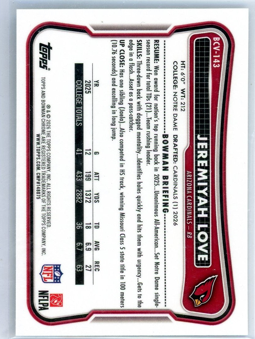 Jeremiyah Love 2026 Bowman Chrome Football Rookie Speckle Refractor