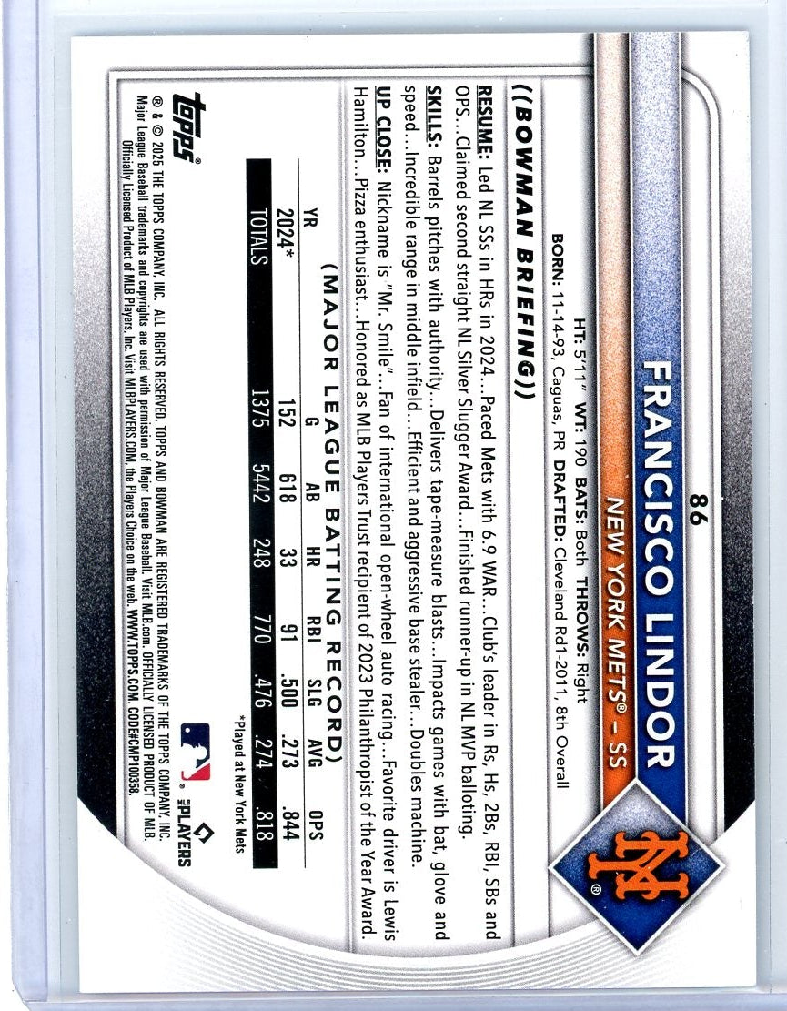 Francisco Lindor 2025 Bowman Blue Bandanna #'d 068/125