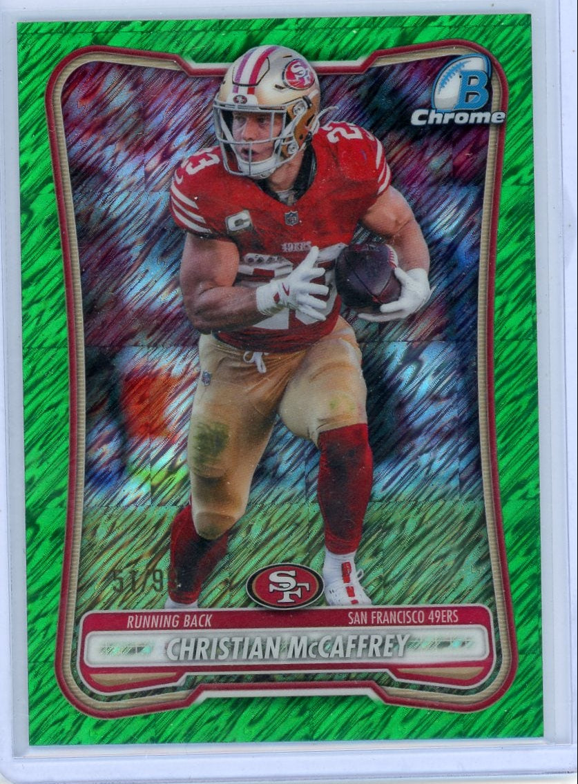 Christian McCaffery 2026 Bowman Chrome Football  Green Shimmer Refractor #'d 51/99