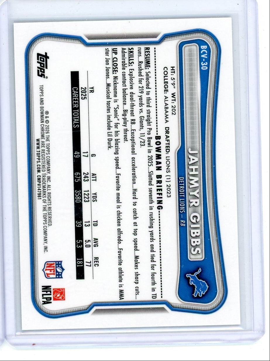 Jahmyr Gibbs 2026 Bowman Chrome Football Green Refractor #'d 23/99