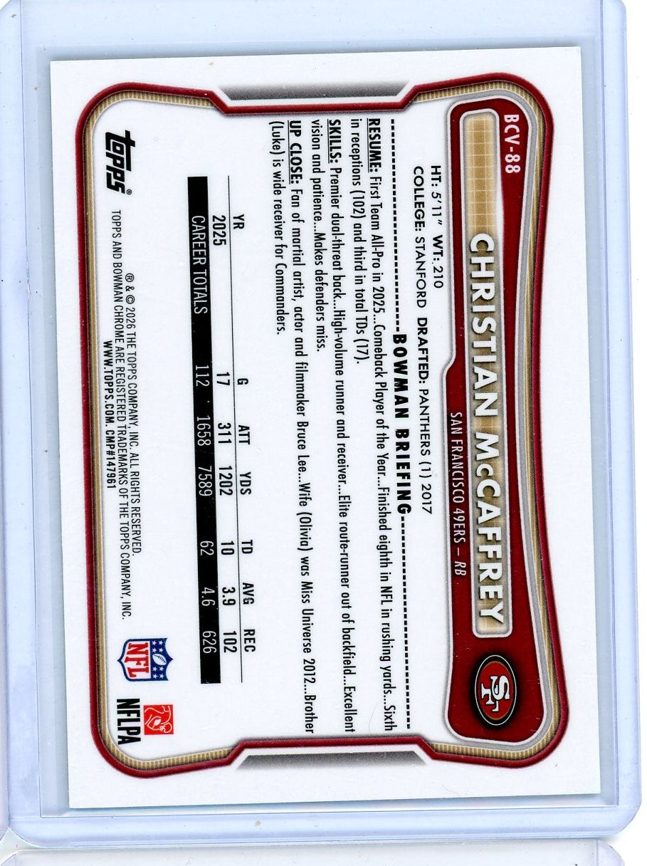 Christian McCaffery 2026 Bowman Chrome Football  Green Shimmer Refractor #'d 51/99