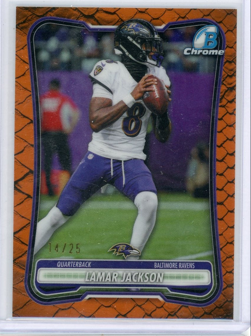 Lamar Jackson 2026 Bowman Chrome Football Orange Reptilian Refractor #'d 14/25