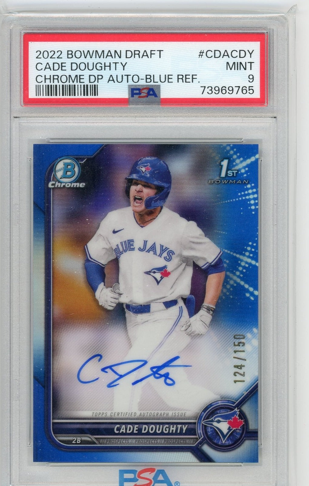 Cade Doughty 2022 1st Bowman Draft blue refractor autograph #'d 124/150 PSA 9