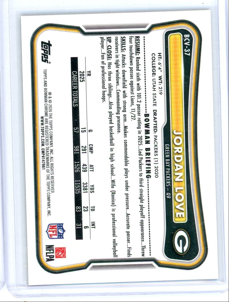 Jordan Love 2026 Bowman Chrome Football Gold Shimmer Refractor #'d 36/50