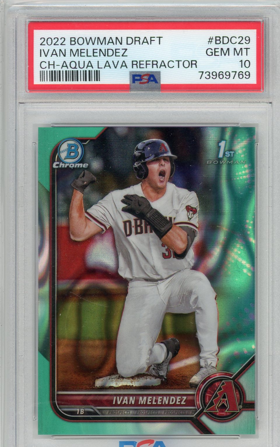 Ivan Melendez 2022 1st Bowman Draft aqua lava ref. #'d 073/199 PSA 10