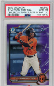 Aeverson Arteaga 2022 1st Bowman purple refractor #'d 245/250 PSA 10