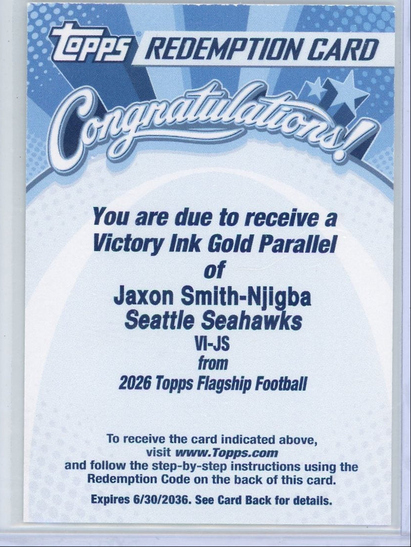 Jaxon Smith-Njigba 2026 Topps Flagship Football Victory Ink Gold Redemption