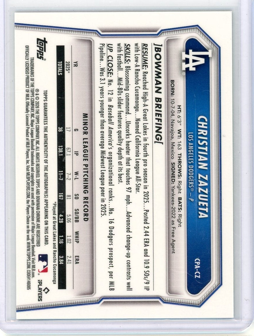 Christian Zazueta 2026 Bowman Chrome Baseball 1st Bowman Green Lava Autograph #'d 73/99