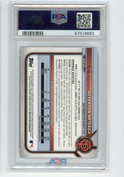 Aeverson Arteaga 2022 1st Bowman purple refractor #'d 245/250 PSA 10