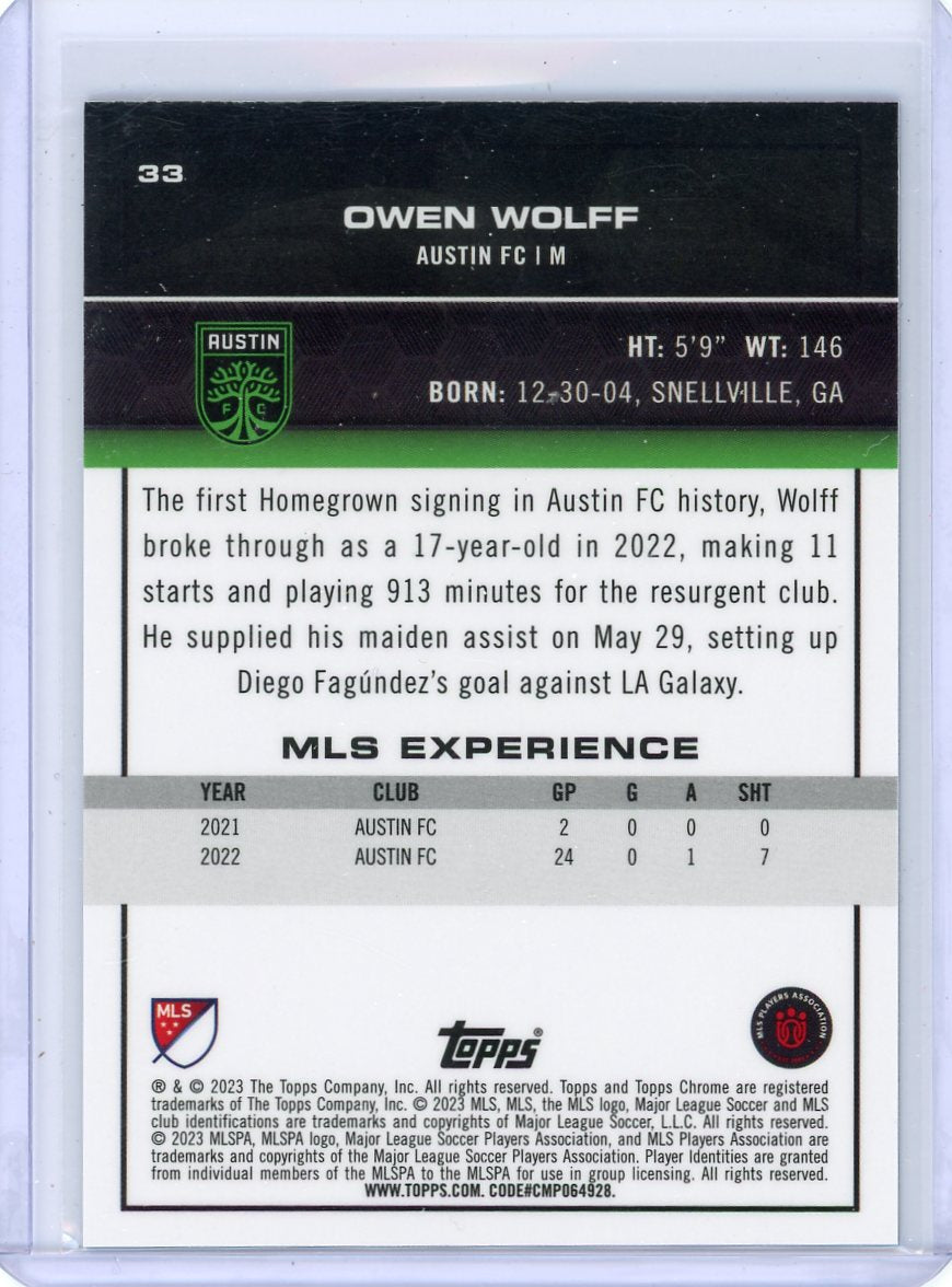 Owen Wolff 2023 Topps Chrome MLS blue wave refractor rookie card #'d 125/199