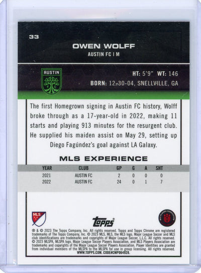 Owen Wolff 2023 Topps Chrome MLS blue wave refractor rookie card #'d 125/199