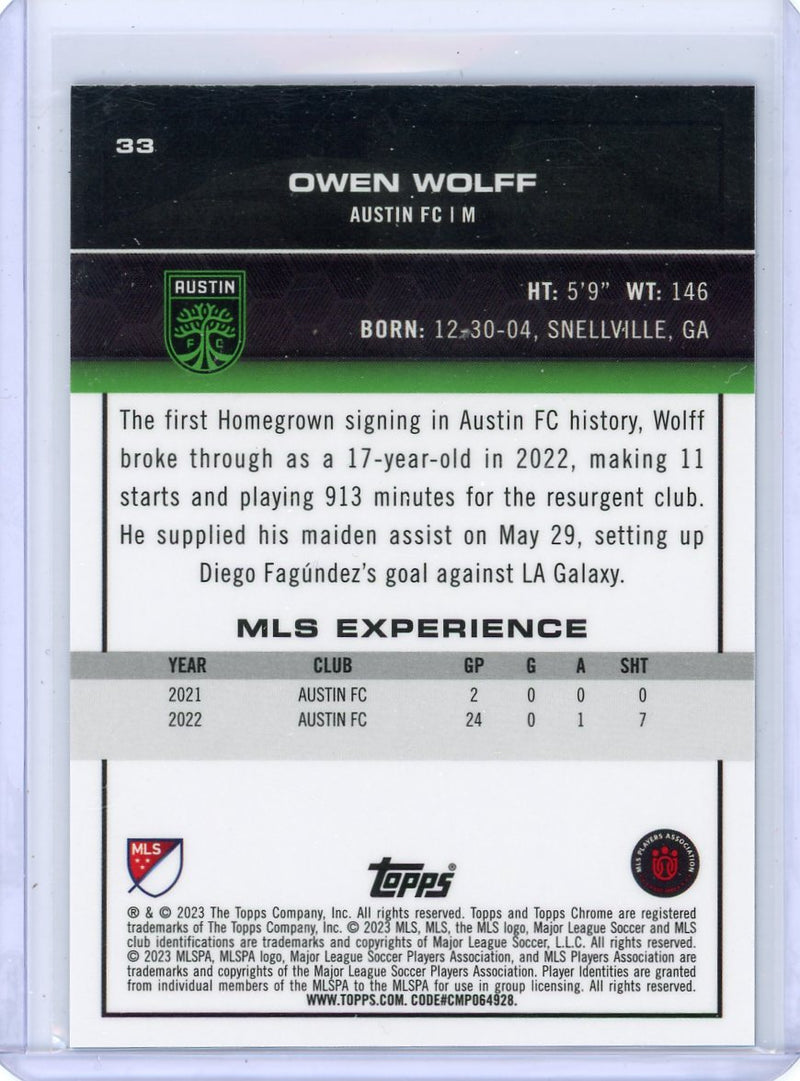 Owen Wolff 2023 Topps Chrome MLS blue wave refractor rookie card 