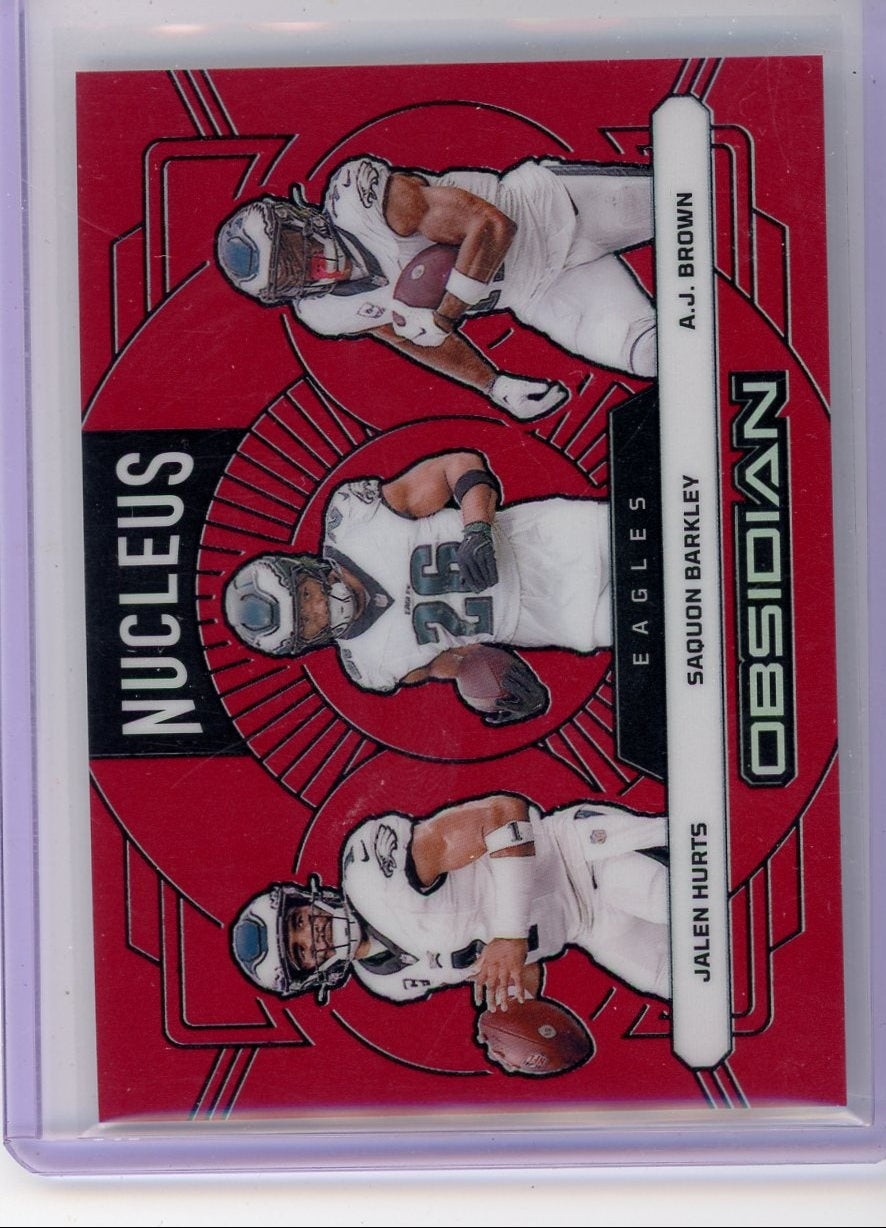 J Hurts S Barkley AJ Brown 2024 Panini Obsidian Nucleus red #'d 09/75