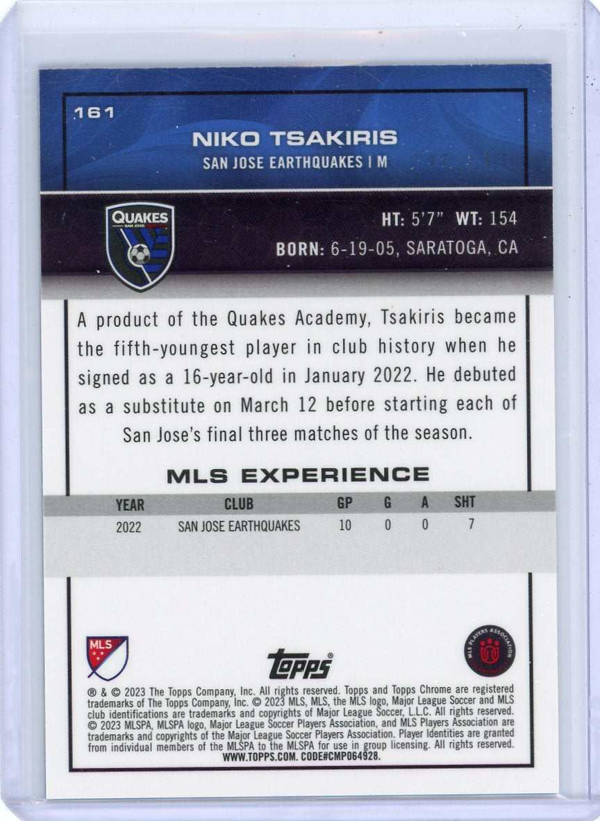 Niko Tsakiris 2023 Topps Chrome MLS blue mini diamond refractor rookie card #'d 172/199
