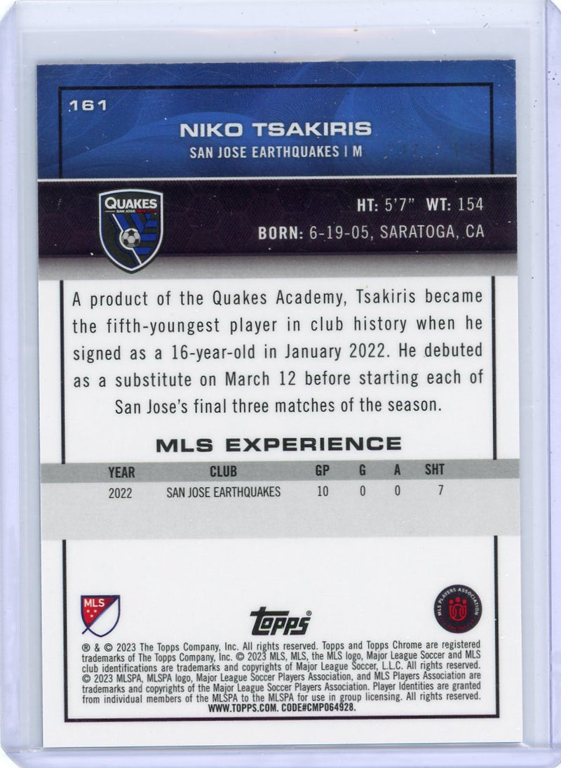 Niko Tsakiris 2023 Topps Chrome MLS blue mini diamond refractor rookie card 