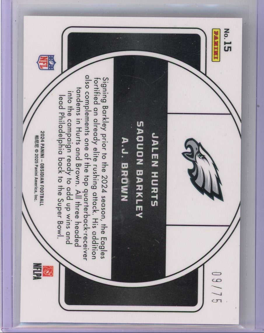 J Hurts S Barkley AJ Brown 2024 Panini Obsidian Nucleus red #'d 09/75