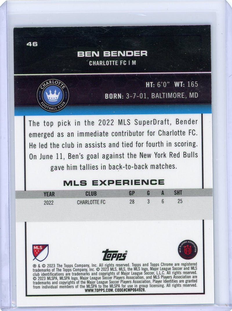 Ben Bender 2023 Topps Chrome MLS blue wave refractor rookie card 