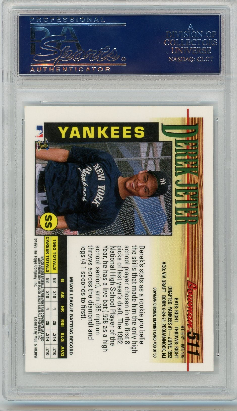 Derek Jeter 1998 Bowman Chrome '93 Reprints PSA 10