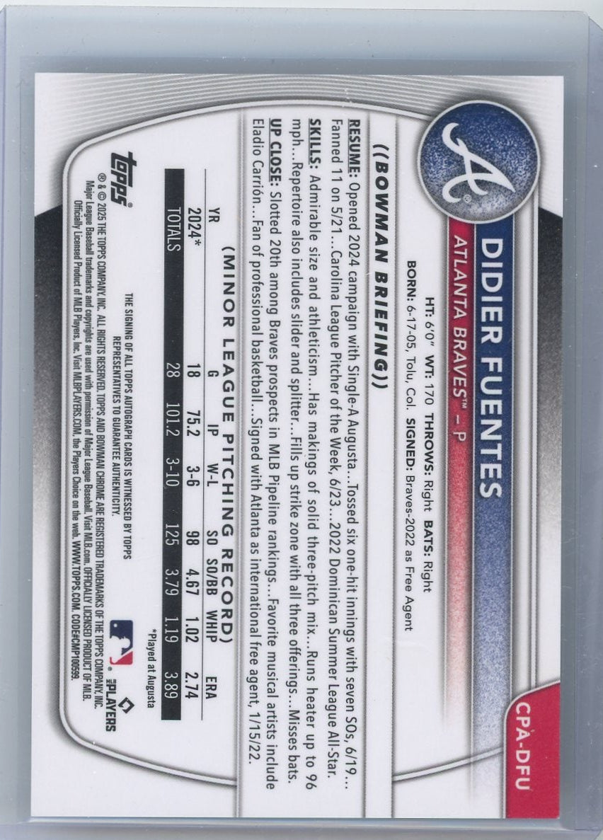 Didier Fuentes 2025 Bowman Chrome 1st Bowman Autograph Black Refractor #'d 09/10