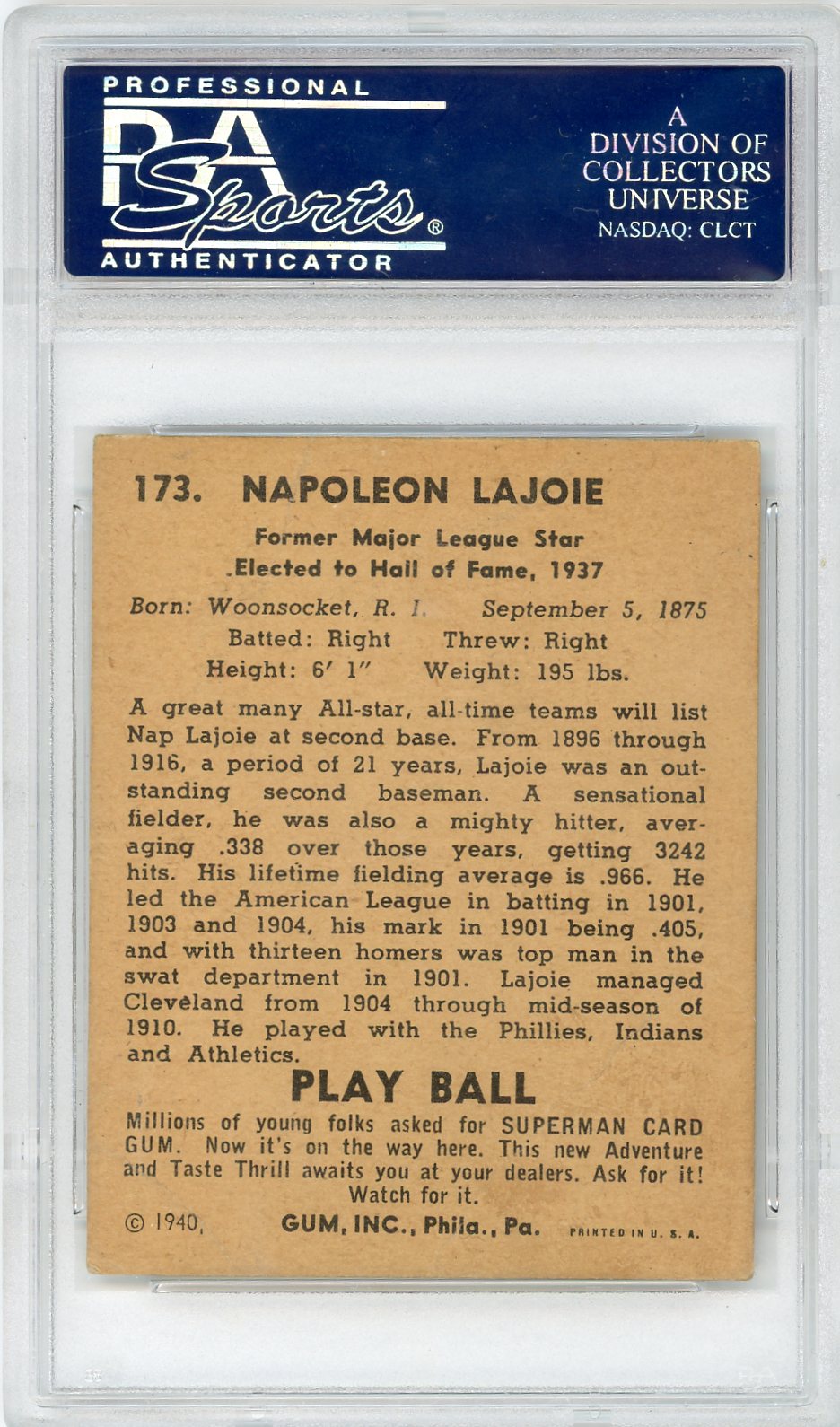 Larry Lajoie 1940 Play Ball #173 PSA 1