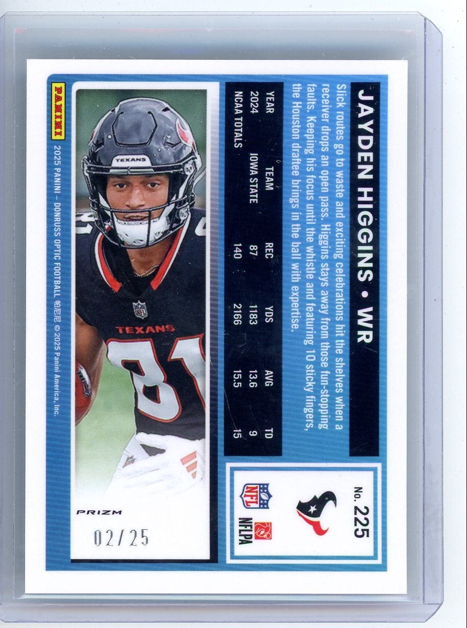 Jayden Higgins 2025 Panini Donruss Optic Black Pandora holo rookie card #'d 02/25