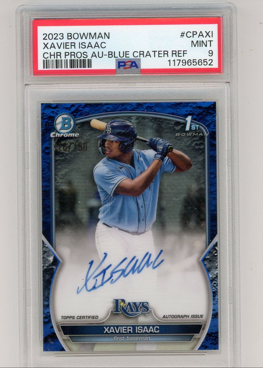 Xavier Isaac 2023 Bowman Chrome Prospects 1st Bowman Aqua Blue Crater Refractor #'d 120/150 PSA 9